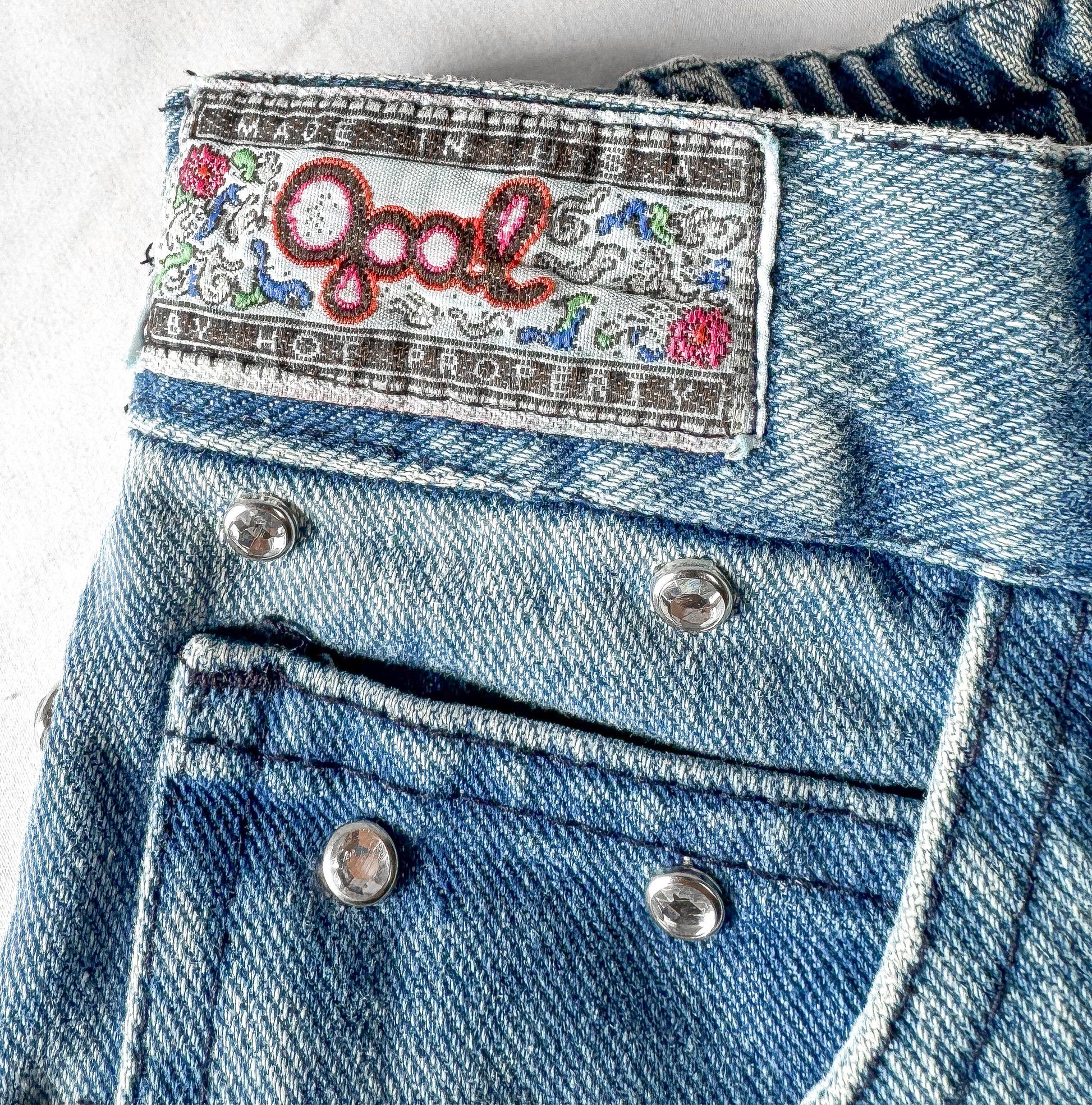 Vintage Y2K 00s Opal Medium Wash High Waist Embellished Rhinestone Tapered Mom Jeans, 26" x 31"
