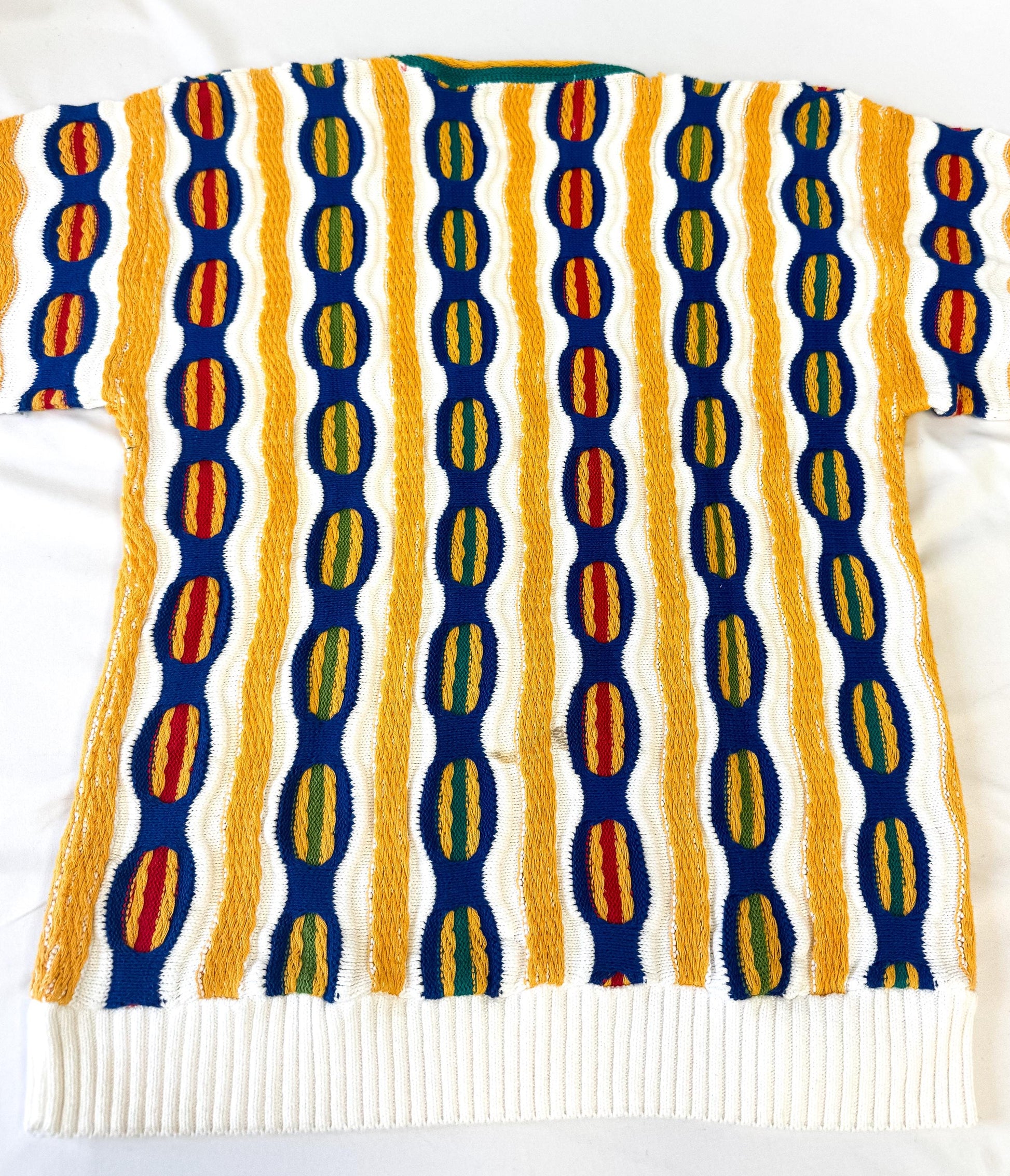 Vintage 90s White Yellow Striped 3D Knit Coogi Style V-Neck Sweater, Men's Sz. M