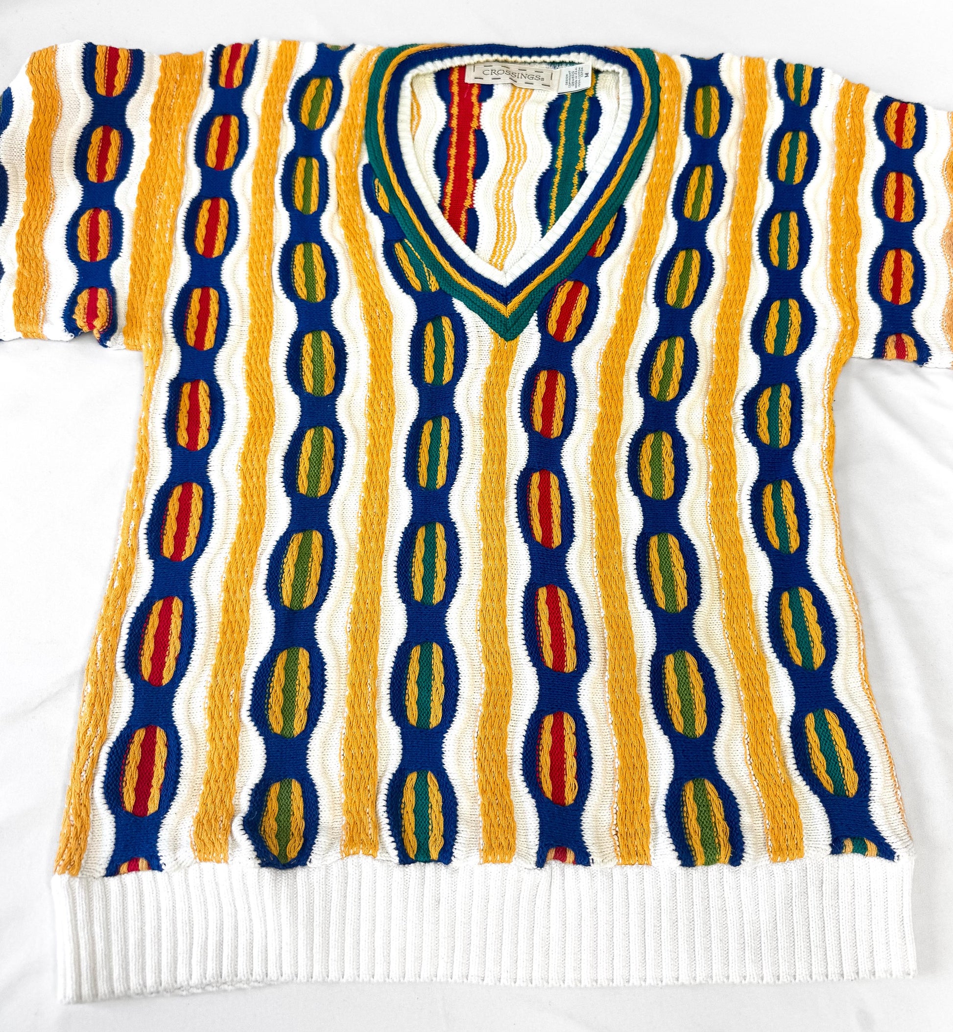 Vintage 90s White Yellow Striped 3D Knit Coogi Style V-Neck Sweater, Men's Sz. M
