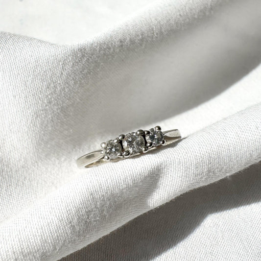 14K White Gold Three Stone Diamond Ring, Sz. 5, Simple Dainty Minimalist Stackable Ring