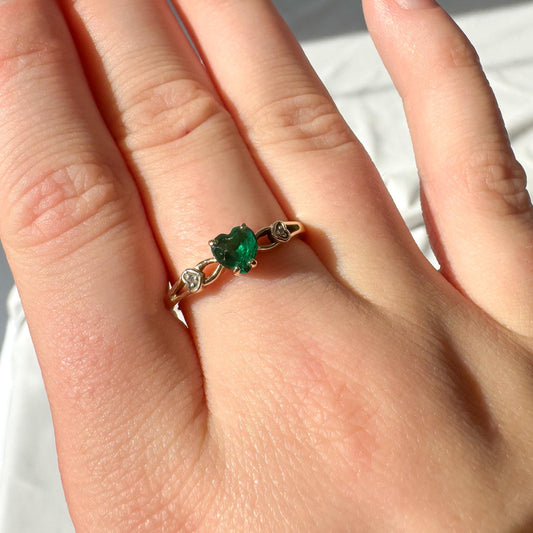 Vintage 10K Yellow Gold Emerald Heart Diamond Ring, Sz. 7, Dainty Simple Minimalist Ring