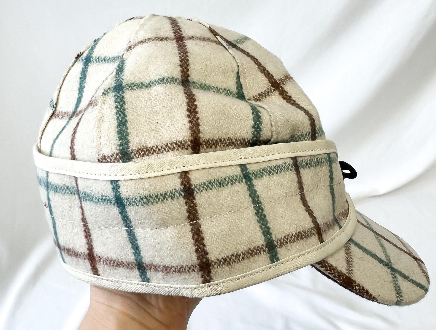 Vintage Style Stormy Kromer Cream Teal Brown Grid Patterned Wool Cap, Sz, 6 1/2