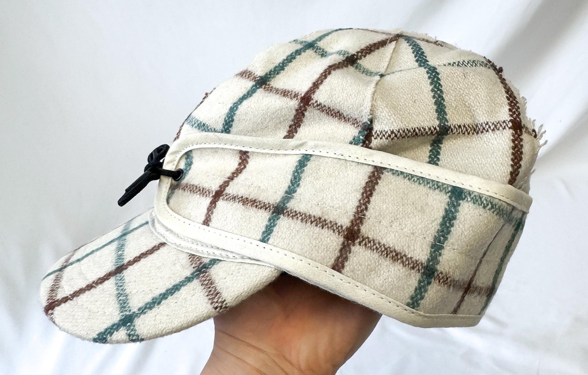 Vintage Style Stormy Kromer Cream Teal Brown Grid Patterned Wool Cap, Sz, 6 1/2