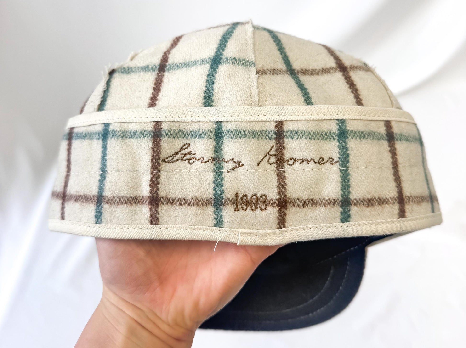 Vintage Style Stormy Kromer Cream Teal Brown Grid Patterned Wool Cap, Sz, 6 1/2