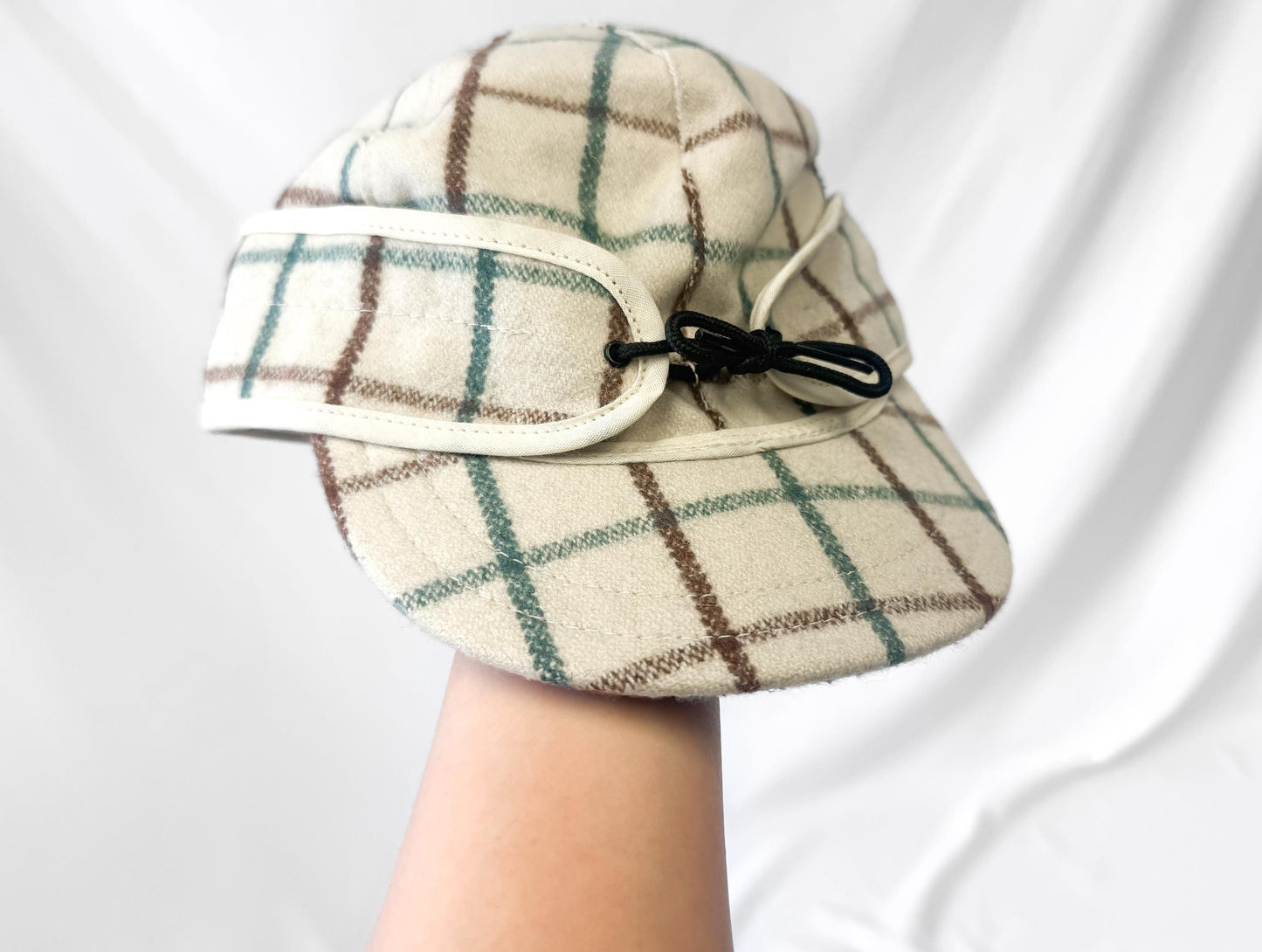 Vintage Style Stormy Kromer Cream Teal Brown Grid Patterned Wool Cap, Sz, 6 1/2