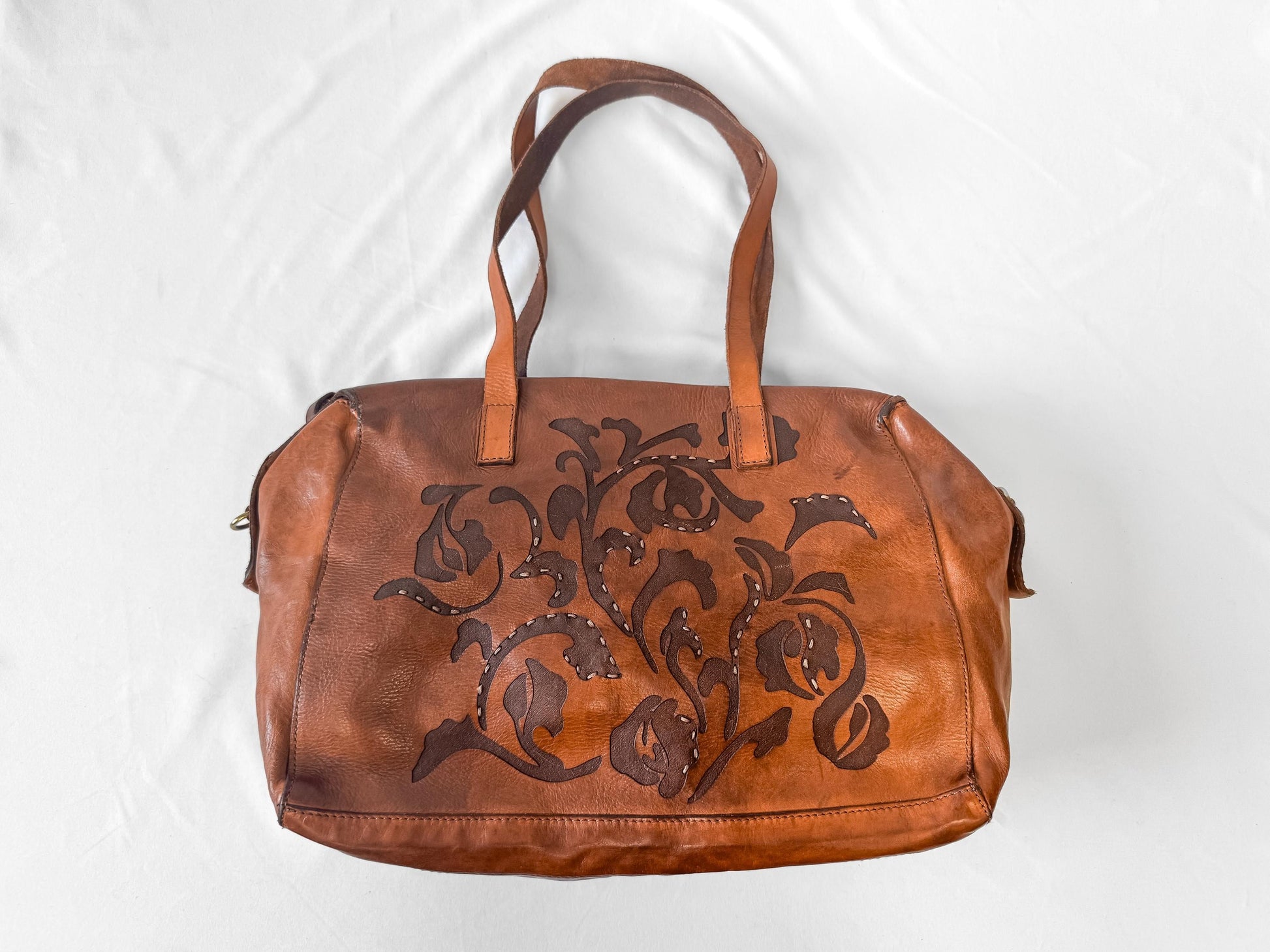 Vintage Style Campomaggi Bauletto Grande Cognac Leather Shoulder Tote Bag with Detachable Crossbody Strap, Vintage Western Boho Handbag