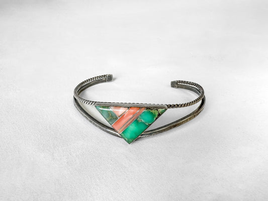 Vintage J. Charley Sterling Turquoise Coral Triangle Cuff Adjustable Bracelet, Vintage Unique Navajo Native American Boho Bracelet