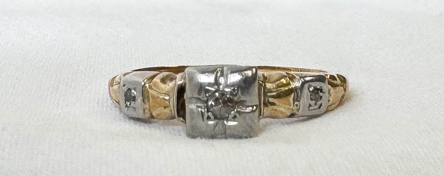 Vintage 10K Two Toned Etched Square Diamond Ring, Size 6, Simple Dainty Minimalist Stackable Ring