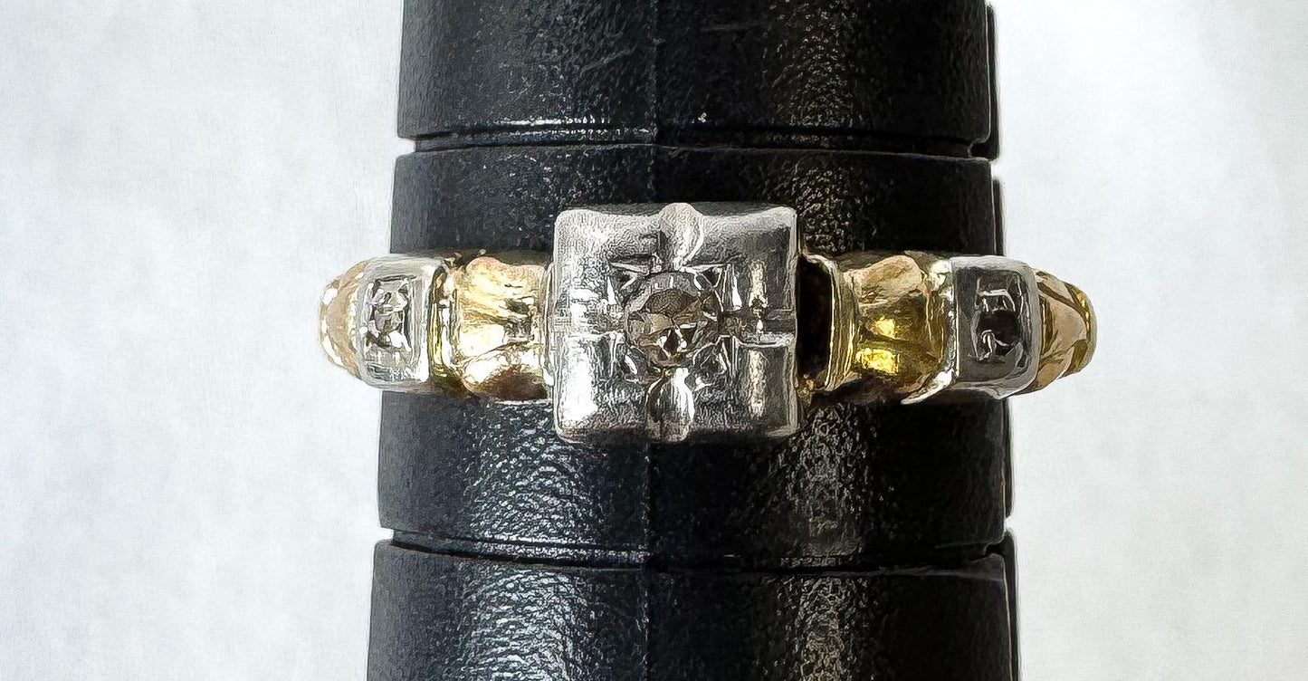 Vintage 10K Two Toned Etched Square Diamond Ring, Size 6, Simple Dainty Minimalist Stackable Ring