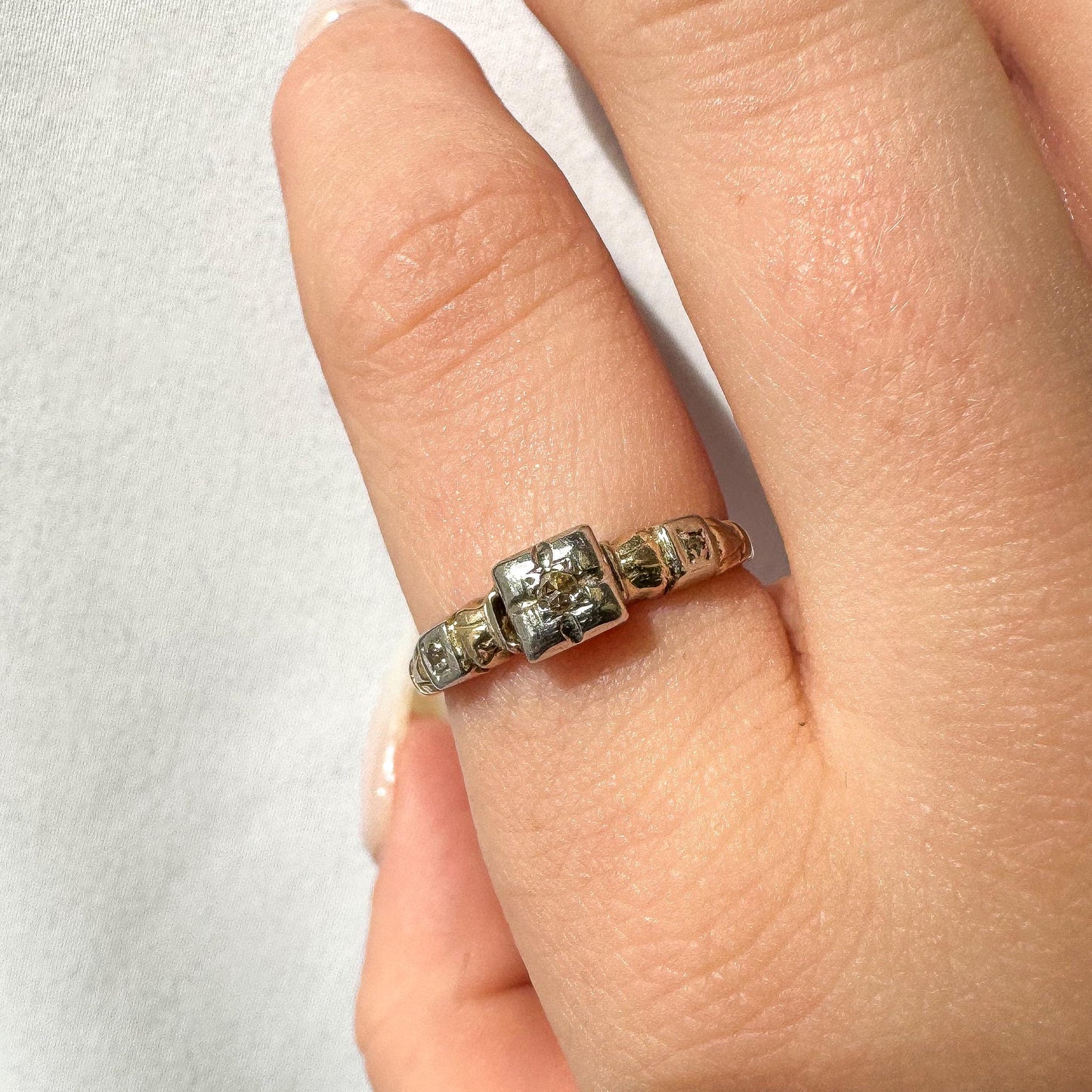 Vintage 10K Two Toned Etched Square Diamond Ring, Size 6, Simple Dainty Minimalist Stackable Ring