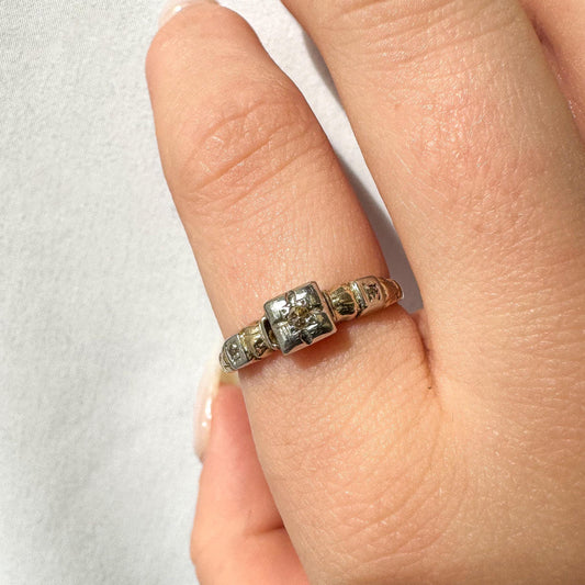 Vintage 10K Two Toned Etched Square Diamond Ring, Size 6, Simple Dainty Minimalist Stackable Ring