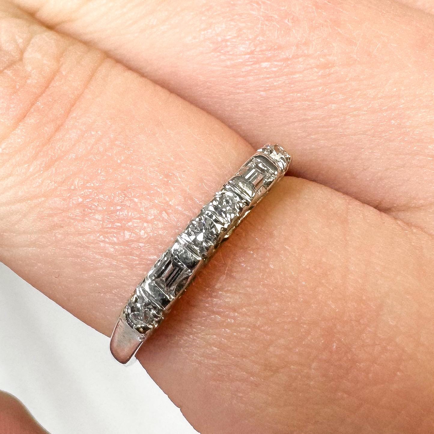 14K White Gold Baguette Cut Round Diamond Band Ring, Size 6, Simple Dainty Minimalist Diamond Ring