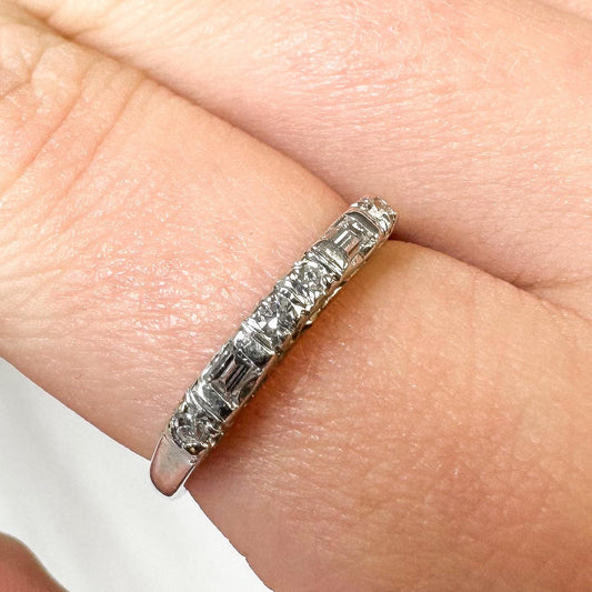 14K White Gold Baguette Cut Round Diamond Band Ring, Size 6, Simple Dainty Minimalist Diamond Ring
