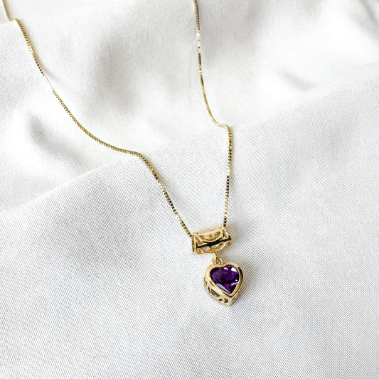 14K Yellow Gold Aurafin Italy Amethyst Heart Slide Pendant 18" Box Chain Necklace