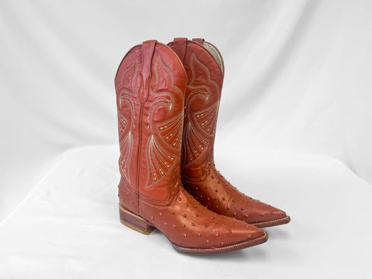 Vintage El Reparo Coral Ostrich Quill Leather Embroidered Cowboy Boots, Women's Sz. 7, Unique Statement Western Festival Boots
