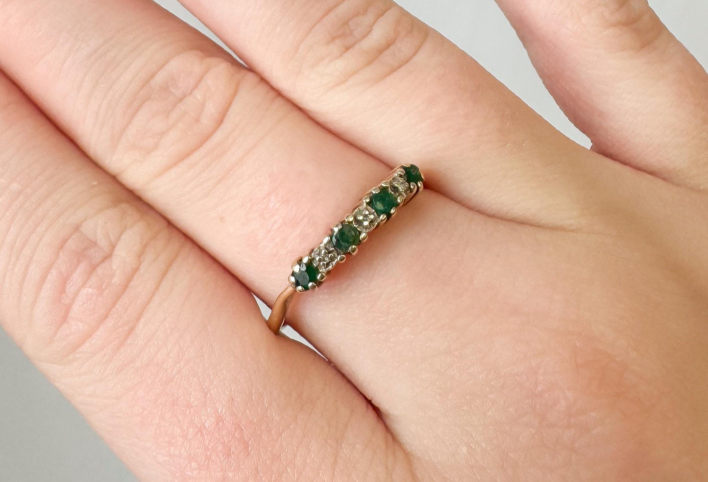 Vintage 10K Yellow Gold Mini Emerald Diamond Ring, Sz. 7.25/7.5, Simple Dainty Stackable Ring