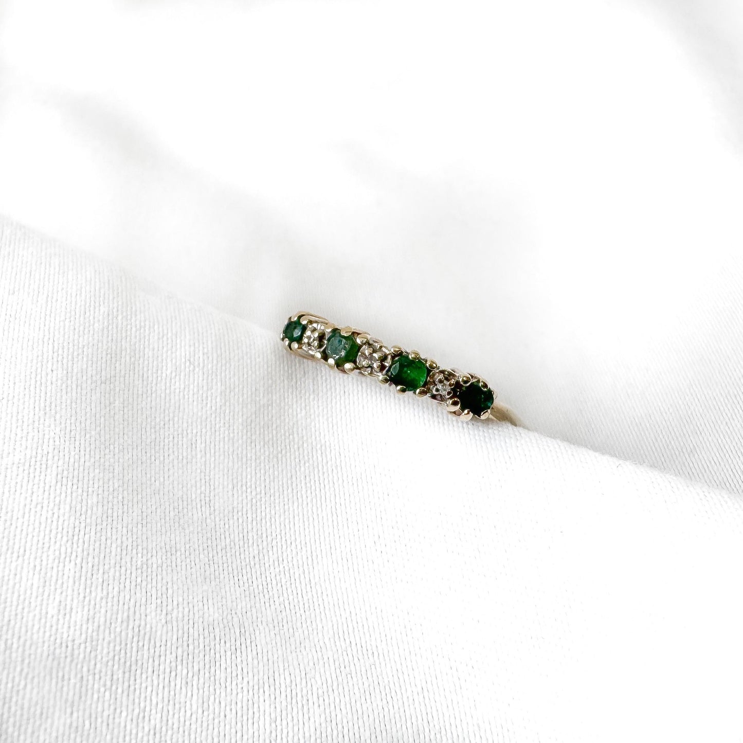 Vintage 10K Yellow Gold Mini Emerald Diamond Ring, Sz. 7.25/7.5, Simple Dainty Stackable Ring