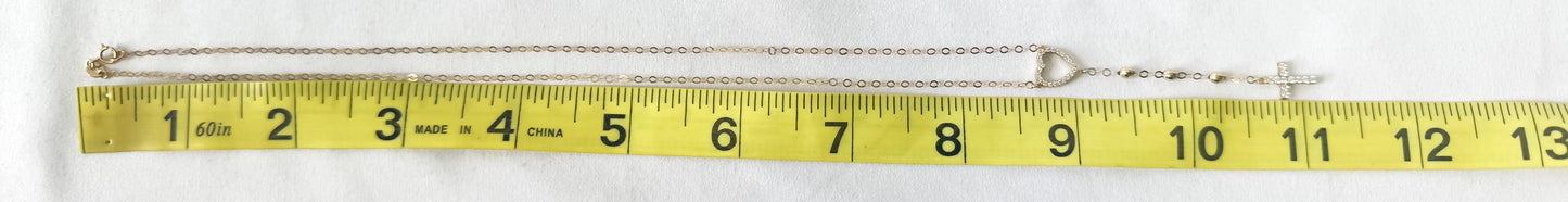 10K Yellow Gold White Topaz Heart Cross Cable Chain Lariat Necklace, Roughly 22", Unique Simple Dainty Minimalist Layering Necklace