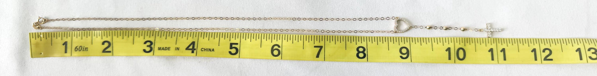 10K Yellow Gold White Topaz Heart Cross Cable Chain Lariat Necklace, Roughly 22", Unique Simple Dainty Minimalist Layering Necklace