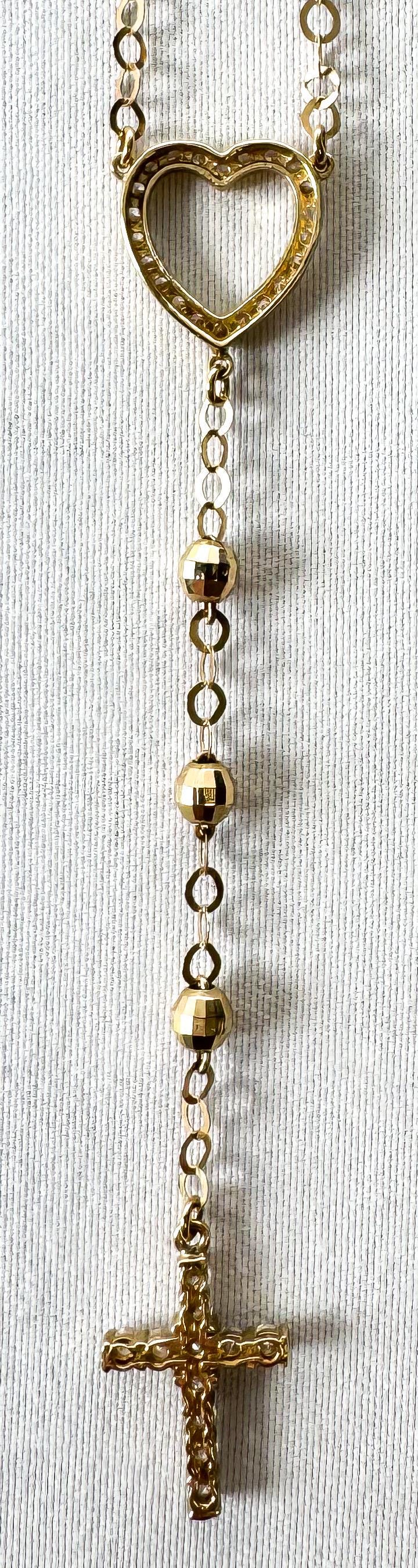 10K Yellow Gold White Topaz Heart Cross Cable Chain Lariat Necklace, Roughly 22", Unique Simple Dainty Minimalist Layering Necklace