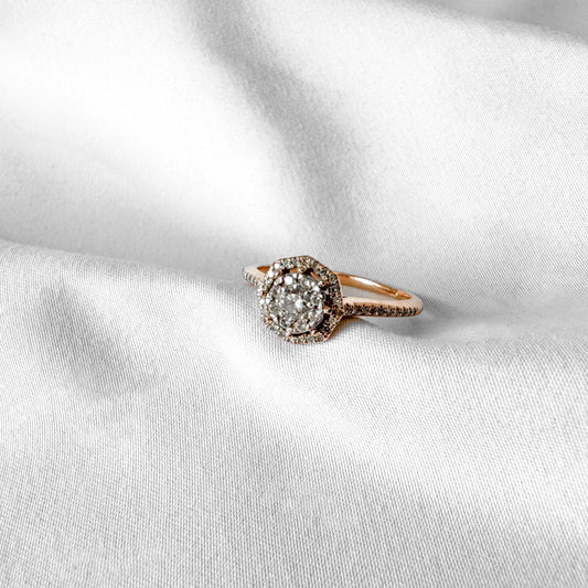 10K Rose Gold Diamond Round Brilliant Cut Halo Engagement Ring, Sz. 9, Unique Statement Engagement Wedding Ring