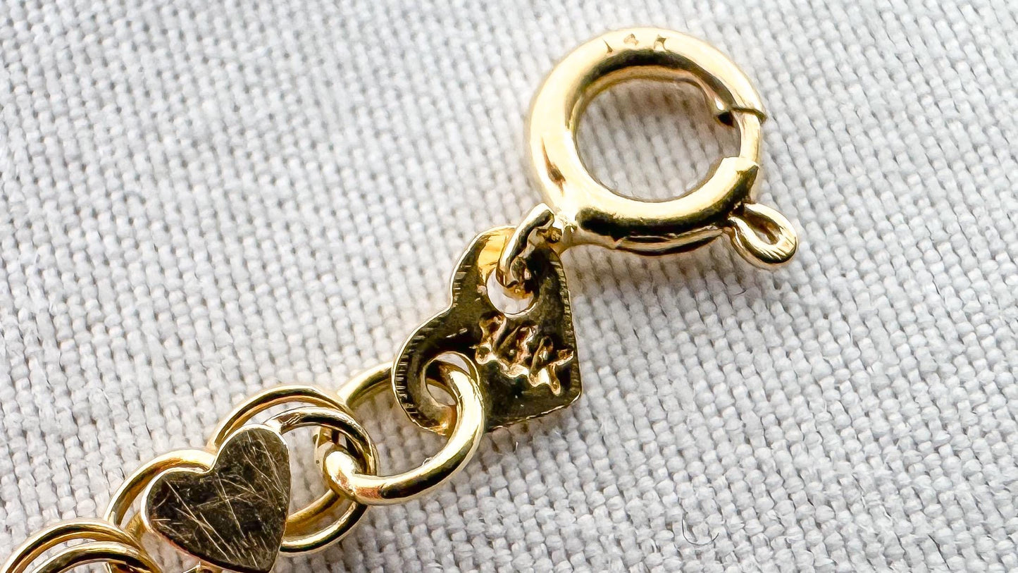 14K Yellow Gold OroAmerica Heart Cable Link Bracelet, Roughly 7", Roughly 3mm, Unique Simple Dainty Minimalist Bracelet