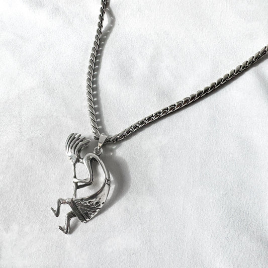 Vintage 925 Sterling Silver Kokopelli Pendant on 925 Chain, Unique Statement Navajo Boho Unisex Necklace