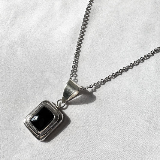 Vintage Silpada 925 Onyx Square Double Frame Pendant on 16" Chain, Unique Boho Western Navajo Necklace