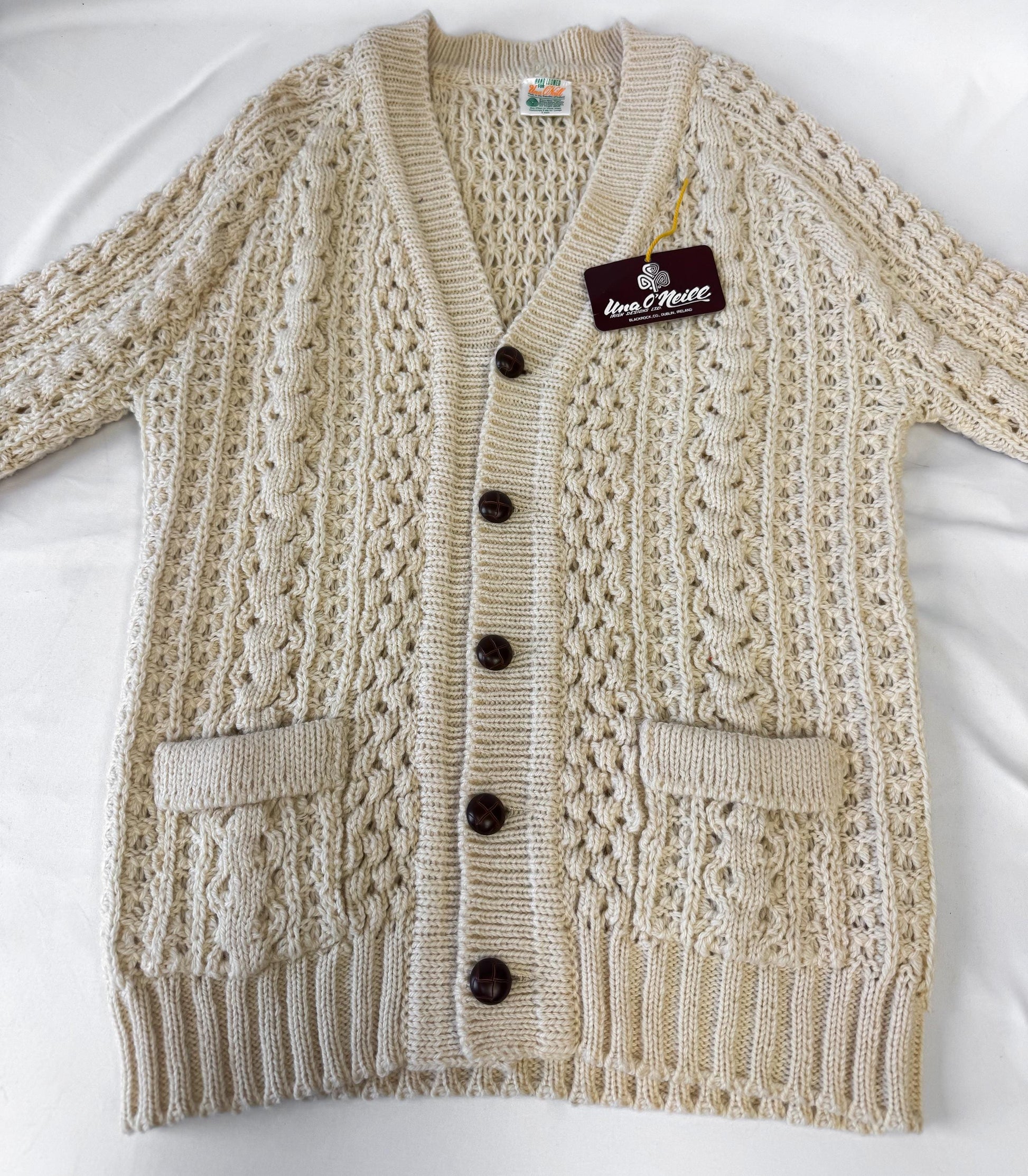 Vintage Deadstock Una O' Neill Cream Off White Cable Knit Pure Wool Cardigan Sweater, Women's Sz. M