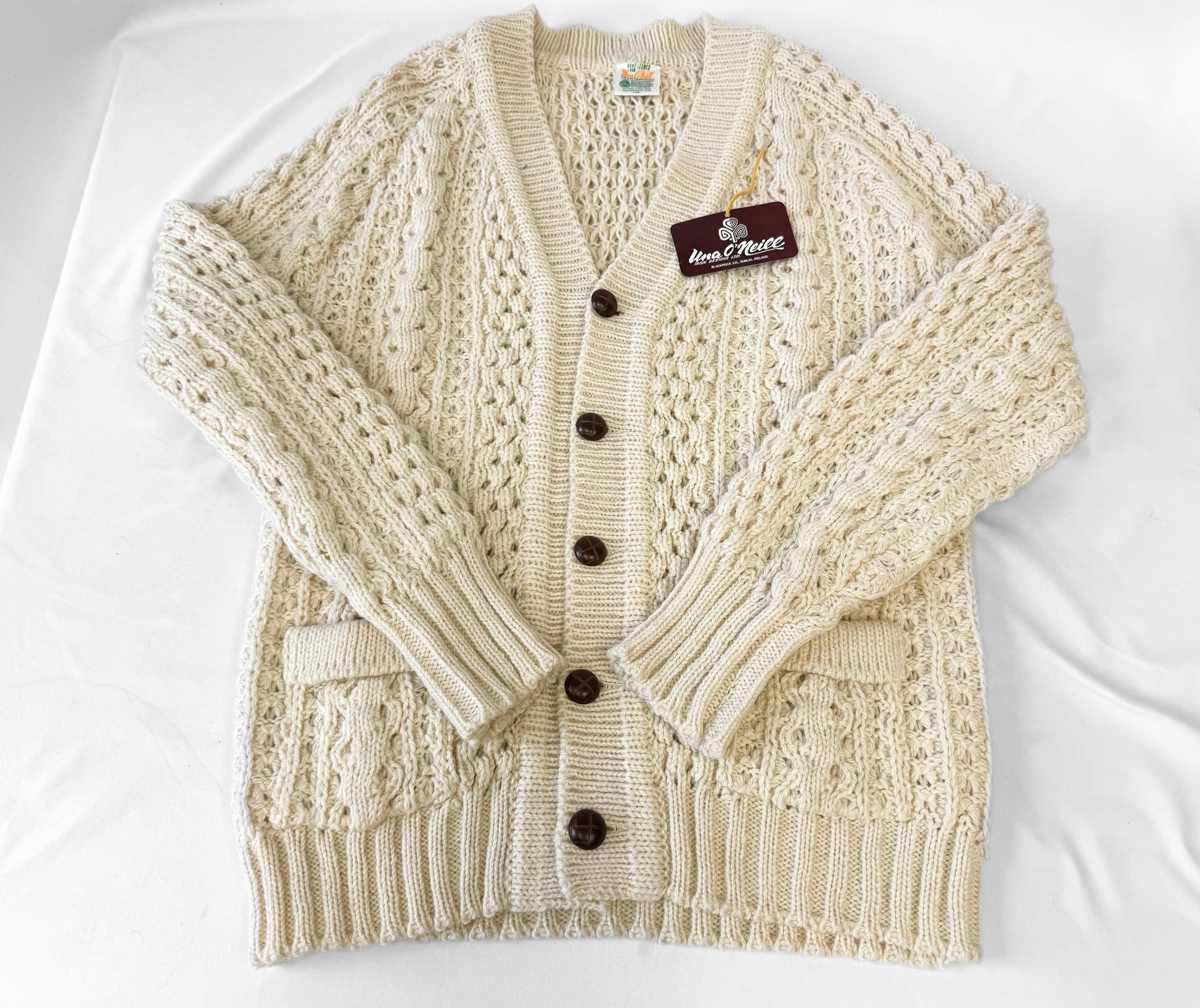 Vintage Deadstock Una O' Neill Cream Off White Cable Knit Pure Wool Cardigan Sweater, Women's Sz. M