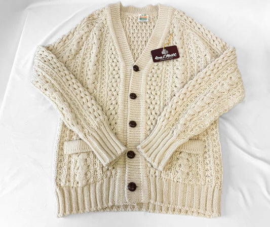 Vintage Deadstock Una O' Neill Cream Off White Cable Knit Pure Wool Cardigan Sweater, Women's Sz. M