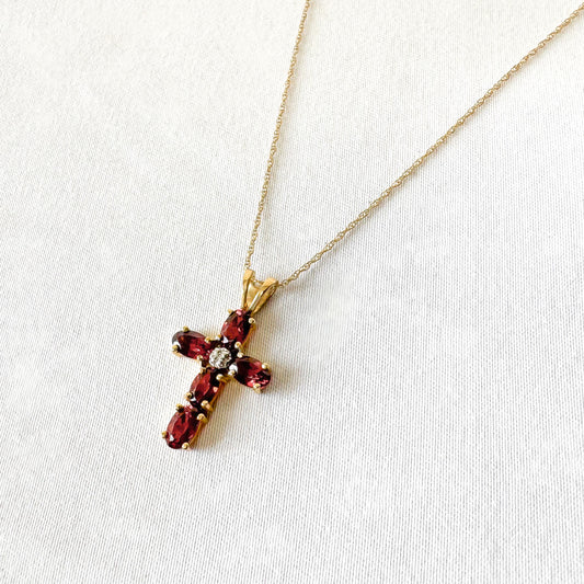 10K Yellow Gold Garnet Diamond Cross 18" Pendant Necklace, Unique Elegant Simple Everyday Necklace