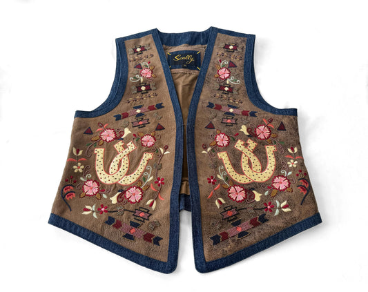 Vintage Style Scully Denim Leather Horseshoe Embroidered Beaded Vest, Women's Sz. S/M, Unique Western Festival Top