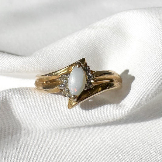 Vintage 10K Marquise Opal Diamond Cluster Ring, Sz. 6.25, Vintage Art Deco Style Cocktail Statement Ring
