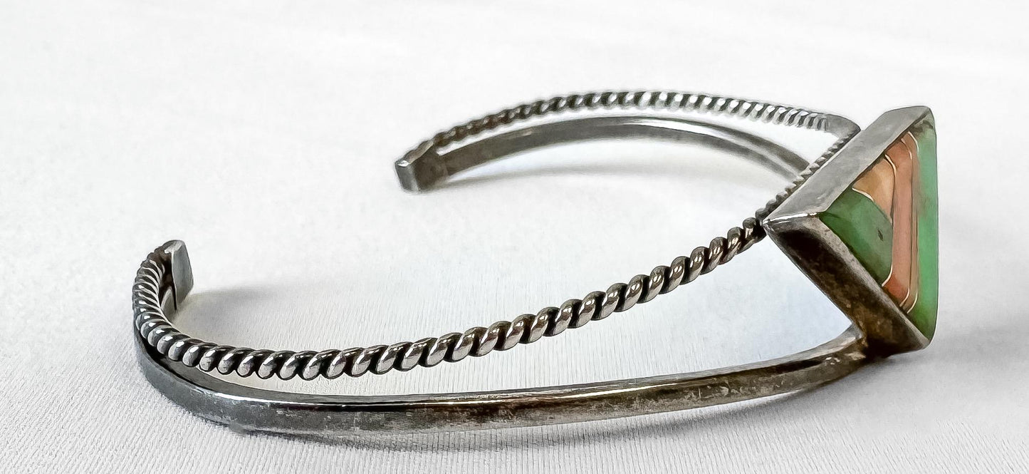 Vintage J. Charley Sterling Turquoise Coral Triangle Cuff Adjustable Bracelet, Vintage Unique Navajo Native American Boho Bracelet