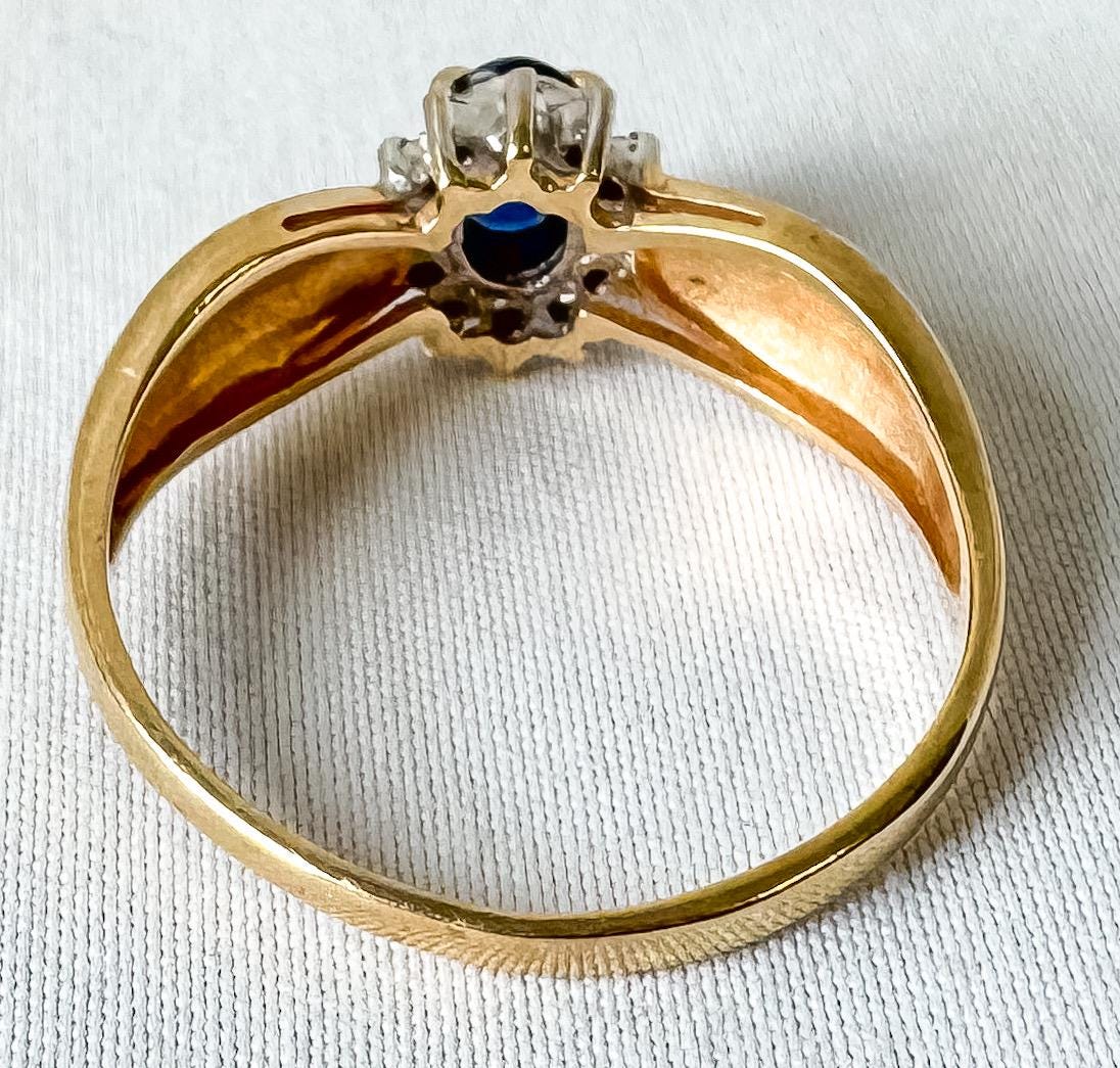 Vintage 10K Yellow Gold Oval Blue Sapphire Diamond Ring, Size 9.75, Vintage Art Deco Cocktail Style Ring