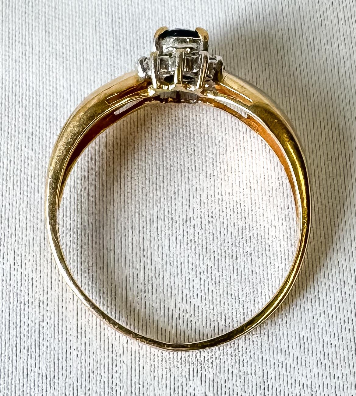 Vintage 10K Yellow Gold Oval Blue Sapphire Diamond Ring, Size 9.75, Vintage Art Deco Cocktail Style Ring