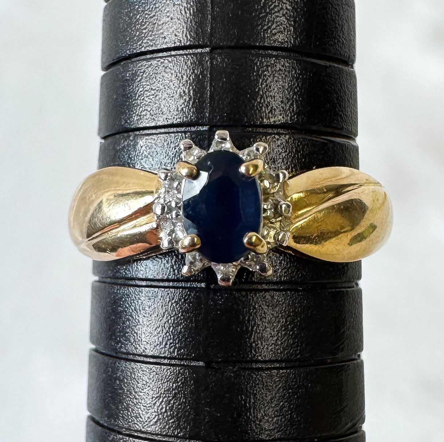 Vintage 10K Yellow Gold Oval Blue Sapphire Diamond Ring, Size 9.75, Vintage Art Deco Cocktail Style Ring