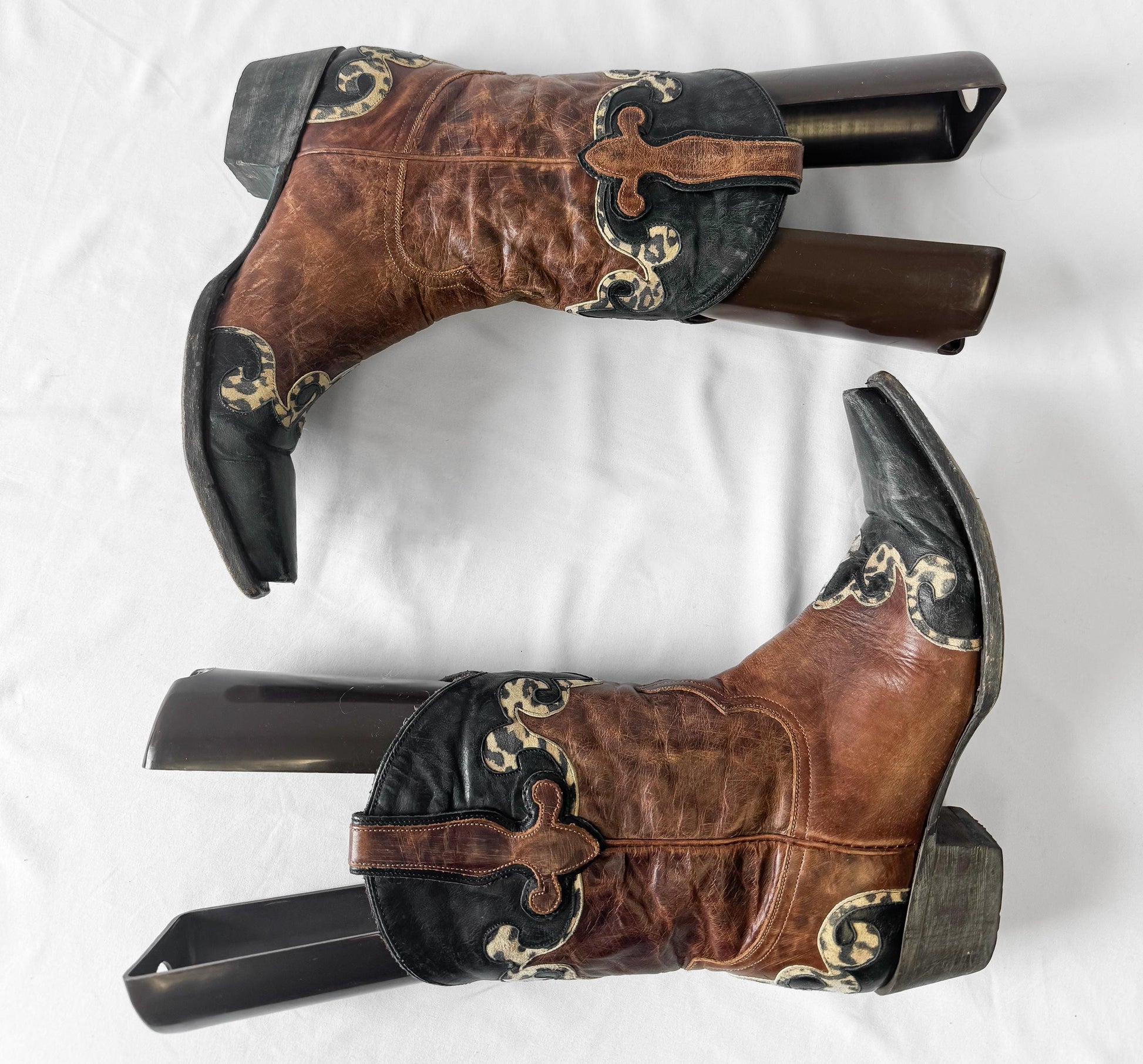 Vintage Style Lane Brown Black Leopard Animal Print Leather Cowboy Boots, Women's Sz. 8.5B, Unique Western Festival Boots