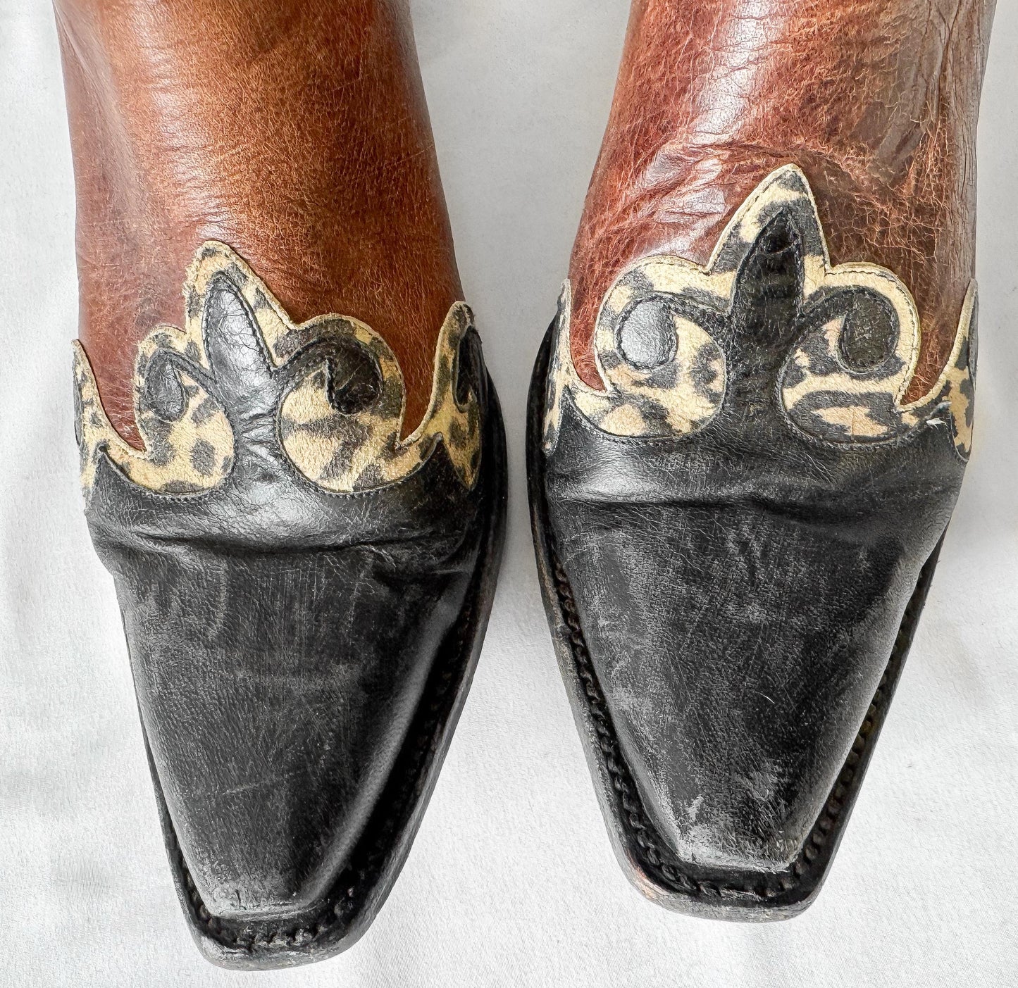 Vintage Style Lane Brown Black Leopard Animal Print Leather Cowboy Boots, Women's Sz. 8.5B, Unique Western Festival Boots