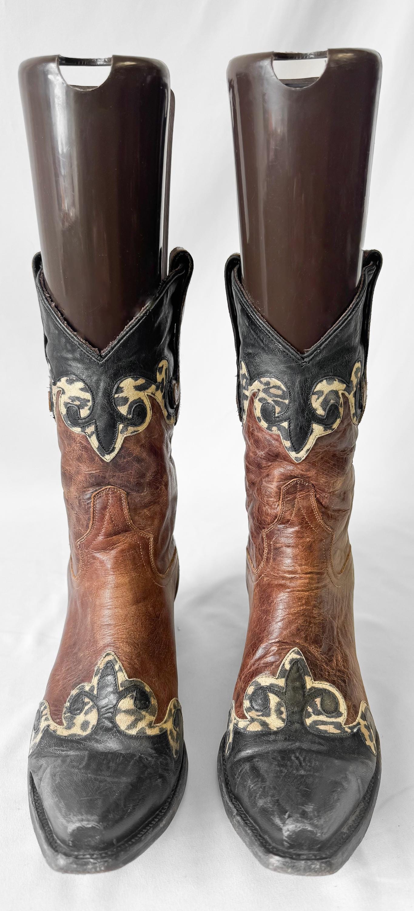 Vintage Style Lane Brown Black Leopard Animal Print Leather Cowboy Boots, Women's Sz. 8.5B, Unique Western Festival Boots