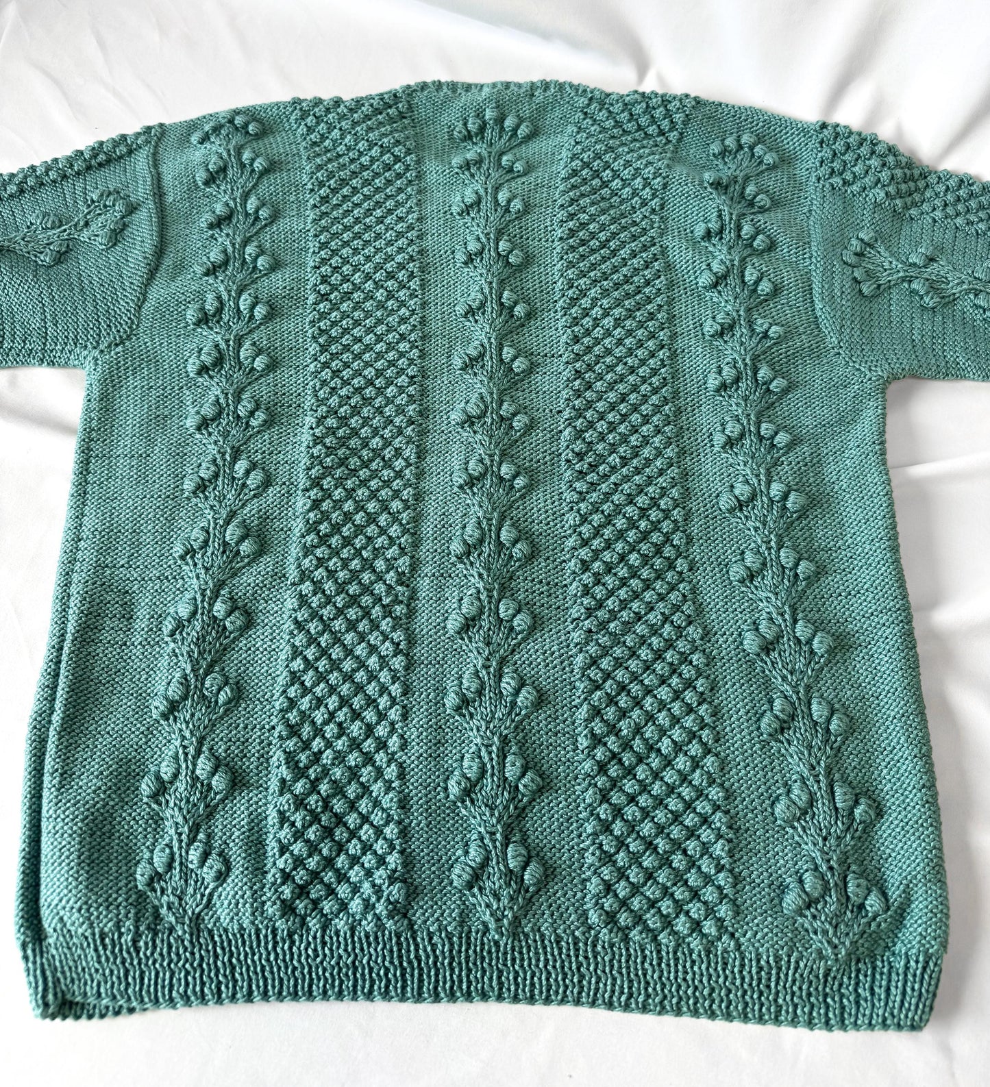 Vintage Style Teal Handknit Pure Pima Cotton Floral Knit Cardigan, Approx. Women's Sz. M/L