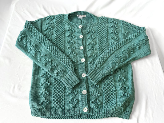 Vintage Style Teal Handknit Pure Pima Cotton Floral Knit Cardigan, Approx. Women's Sz. M/L