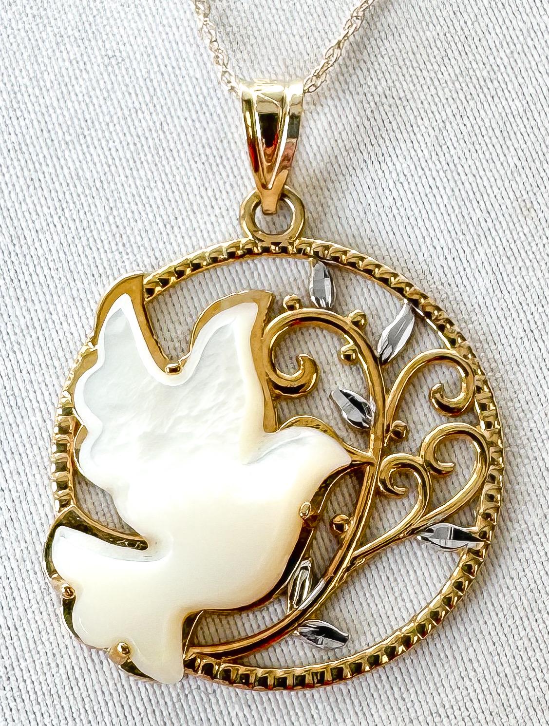 10K Gold Michael Anthony Mother of Pearl Dove Tree Circular 18" Pendant Necklace