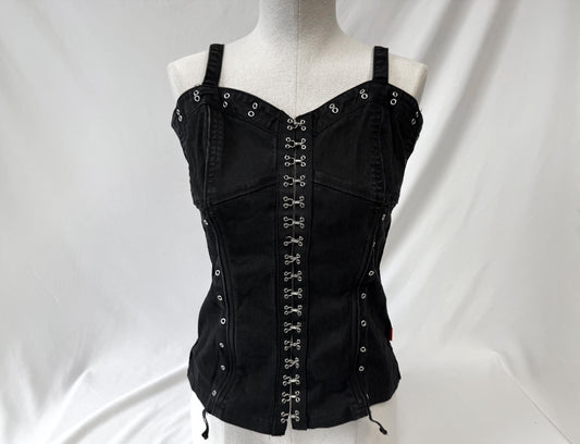 Vintage 90s Tripp NYC Black Denim Hook Eye Garter Grommet Corset Tank Top, Women's Sz. S, 90s Grunge Emo Alternative Style