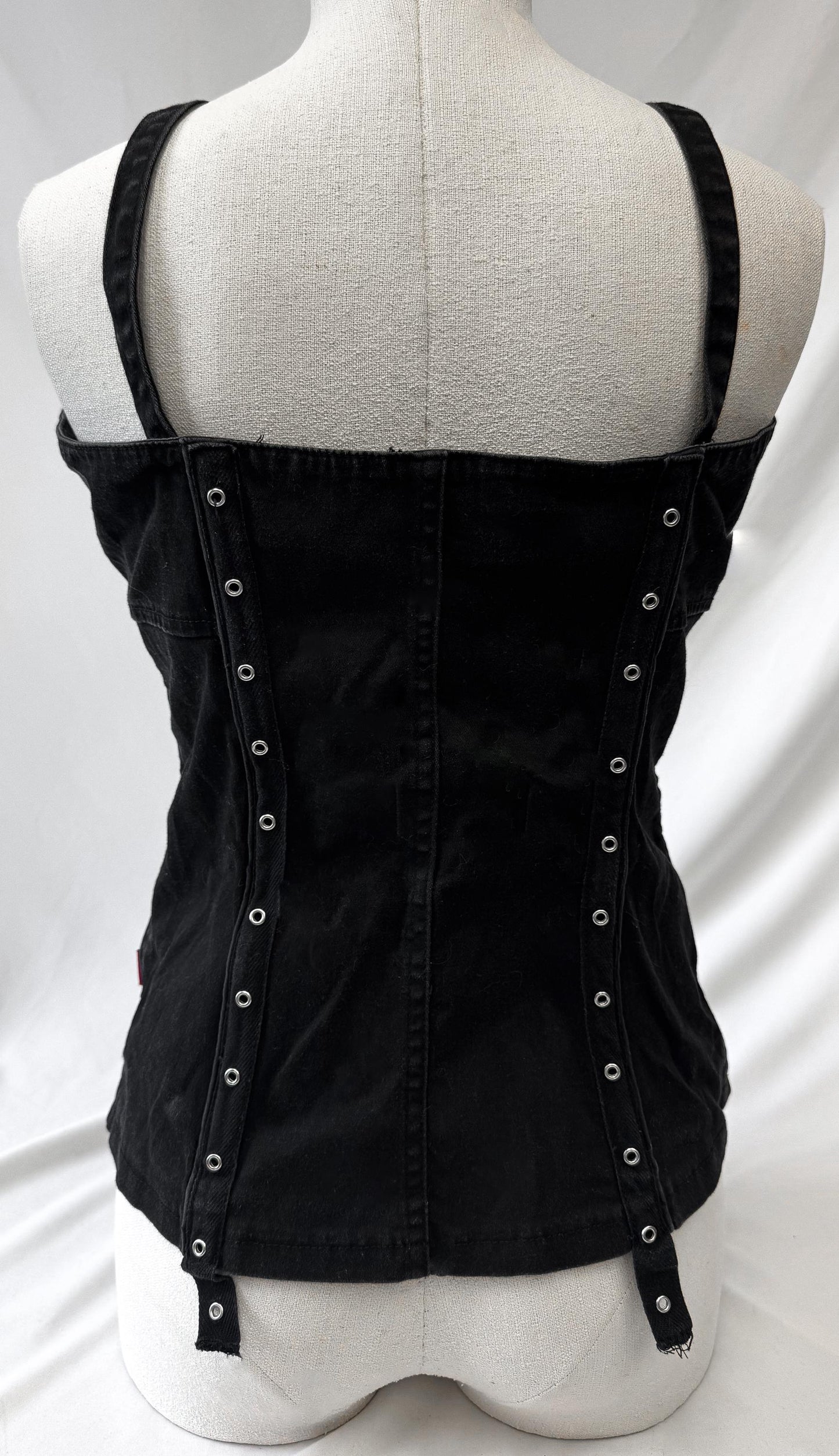 Vintage 90s Tripp NYC Black Denim Hook Eye Garter Grommet Corset Tank Top, Women's Sz. S, 90s Grunge Emo Alternative Style