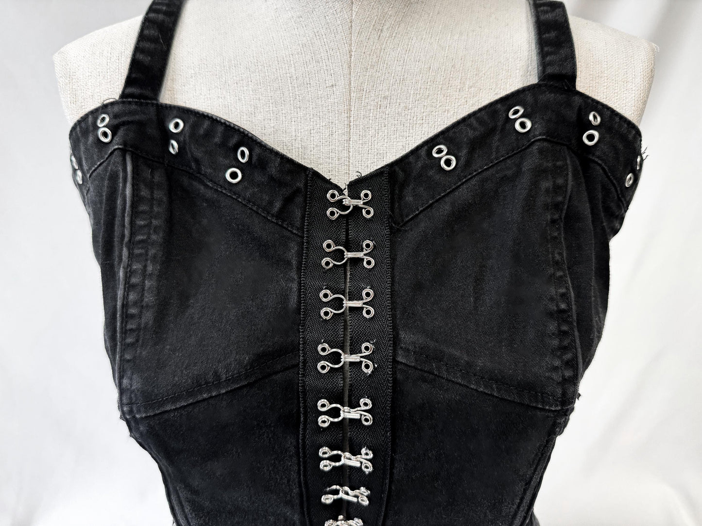 Vintage 90s Tripp NYC Black Denim Hook Eye Garter Grommet Corset Tank Top, Women's Sz. S, 90s Grunge Emo Alternative Style
