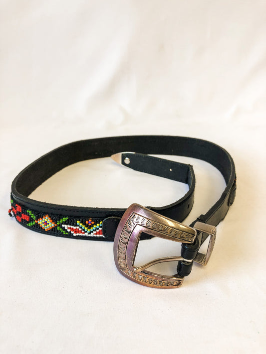 Vintage Black Leather Multicolor Beaded Belt, Size Large