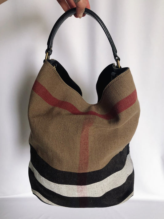 Authenticated Burberry Ashby Bucket Bag, Canvas Plaid, Detachable Pouch and Crossbody Strap