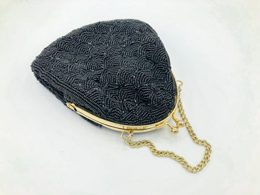 Vintage 60s Black Beaded Handbag, Art Deco Beaded Pouch Purse, Small Vintage Clutch